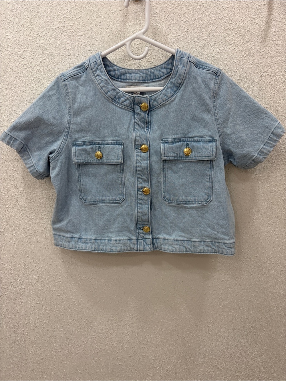 Short Sleeve Denim Jean Jacket Shirt with Gold Buttons